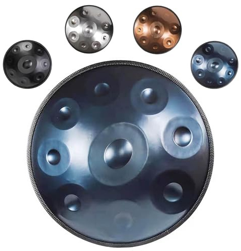 Handpan 55.8cm Tamburi a Mano in Re Minore 9/10/12 Note Strumento in Acciaio con Custodia, Bacchette, Suono 432Hz/440Hz per Meditazione, Musicoterapia(Blue,432HZ/9Note)