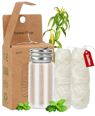 60M Hilo dental natural seda dental sin plástico hilo dental cera candelilla dental floss biodegradable sin PFAS menta fio dental sostenible vegano 2×30m + Bote Dispensador Reutilizable