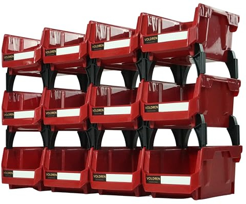 VOLDREN Gavetas organizadoras apilables - Organizador tornillos - Cubetas plastico almacenaje - Organizador cajones - Clasificador apilable taller - Estanteria gaveta herramienta (Rojo, 12)