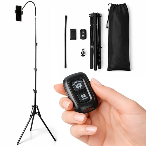 Treppiede Smartphone Stabile Regolabile Fino a 190 cm con Telecomando Bluetooth, Base Larga e con Testa 360°