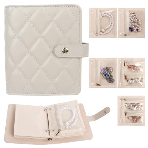 Apradas Travel Jewellery Organiser, Foldable Jewellery Storage Book, with 5Pcs Jewellery Pouches Bag, for Rings Necklaces Bracelets Earrings (Beige)