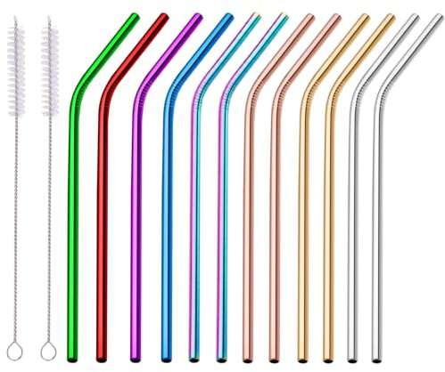 12er Set Edelstahl Strohhalme, Metall Trinkhalme Wiederverwendbar, Gebogen mit 2 Reinigungsbürsten Bunt Spülmaschinengeeignet BPA Frei für Cocktails Smoothies Milchshakes Säfte Und Getränke