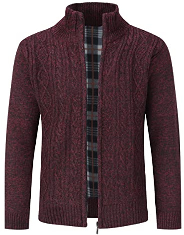 Stickad cardigan för män, tjock tröja, full dragkedja, stående krage, varm jumper, fleecefodrad vinterrock, Röd, S