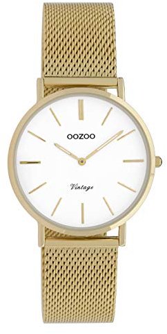 Oozoo Vintage Damenuhr mit massivem grobmaschigem Edelstahl Milanaise Metallband 32 MM Goldfarben/Weiss C9911