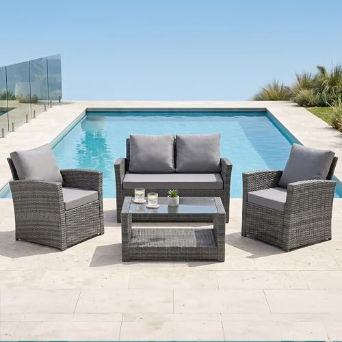 EVRE 4 Seater Rattan Garden Conservatory Patio Furniture Sofa Armchair Roma Set with Glass Top Coffee Table Wicker Weave Sofa and Cushions (Grey)