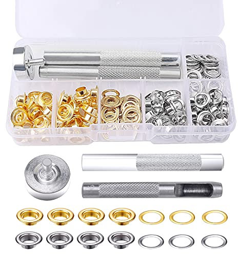 Grommet Kit, kuou 100 Sets 1/4 Inch Eyelets Punch Kit, Eyelets for Fabric with 3pcs Installation Repair Tools (Gold/Silver)