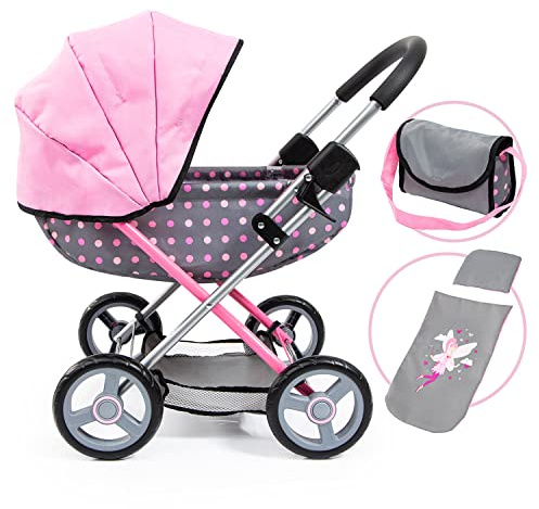 Bayer Doll Pram Carriage, Foldable Stroller for Dolls up to 18 in with Blanket, Pillow & Handbag