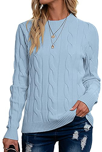 Breampot Women Cable Knit Jumper Casual Basic Long Sleeve Pullover Sweater Tops(Blue,Large)