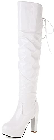MJIASIAWA Femmes Fête Prom Cuissarde Cuir Verni Robe Mode Plateforme Talons Hauts Boots Soirée Warm Thigh Thigh Bottes Slouch Blanc Taille 38 EU/39 Asiatique