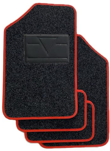 Set 4 Tappetini Auto Universali in Moquette - Bordo Rosso - Antiscivolo, Facili da Pulire, Anteriori 65x43 cm, Posteriori 40x43 cm - Protezione Interni Auto Elegante Sportivo