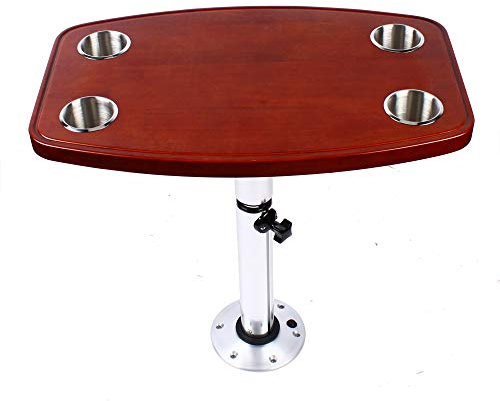 LENJKYYO Plateau de table en chêne laqué avec 4 porte-gobelets télescopique, caravane, bateau, yacht, table de bateau, camping-car, laqué réglable, 600 x 380 mm