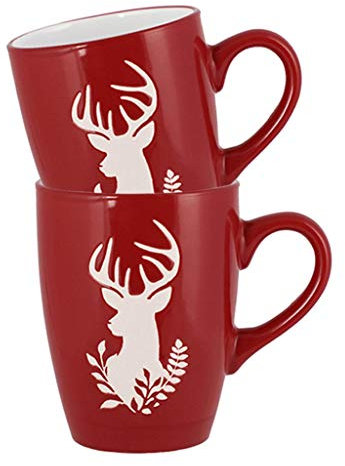 Set of 2 Mugs - Hand Painted Red & White Reindeer Stoneware Crockery Dishwasher & Microwave Safe Christmas Reindeer Tea/Coffee/Hot Chocolate/Mulled Wine Mug 300ml/11oz