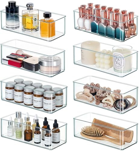 Qilinba 8 PACK Drawer Organizer Bins Bathroom Deep Drawer Silverware Organizers Clear Stackable Storage Bins for Vanity, Pantry, Office, Cabinet, Kitchen Counter Organization and Storage