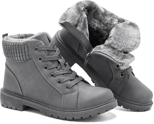 Uoidru Combat Boots For Women Ankle Booties Black Winter Snow Boots White Lace Up Boots Comfort Fuzzy Boot Side Zipper Short Boots(Dark grey,US10)