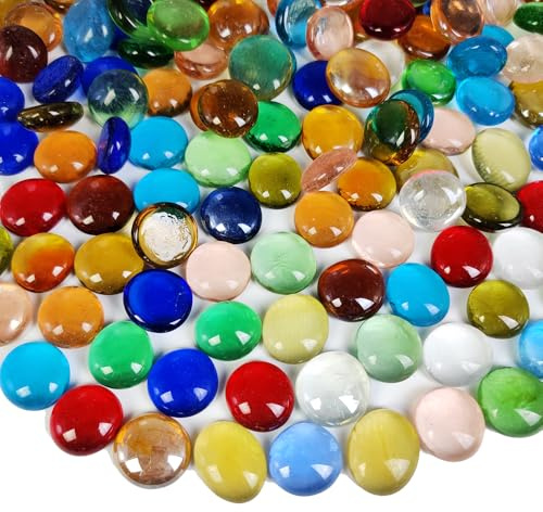 HappyFiller 2 LB Decorative Glass Gems Colorful Flat Marbles Gemstones for Vases Fillers,Aquarium Fish Tank Pebbles,DIY Mosaic,Crafts,Floral Centerpieces,Mancala Replacement Beads,(10+ Colors)