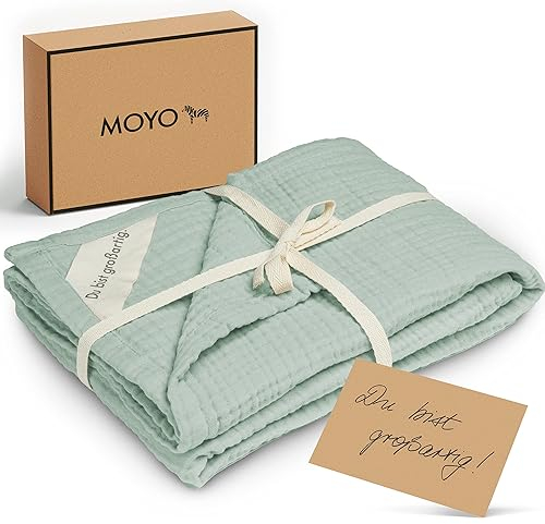 MOYO Musselin Babydecke Heller Eukalyptus I 75x100cm I Atmungsaktive Kuscheldecke aus Baumwoll-Musselin I Weiche Baby-Bettdecke für Junge & Mädchen I Baumwolldecke Geburt