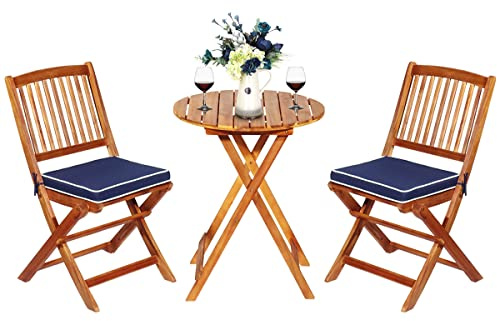 COSTWAY Set Tavolino e Sedie da Giardino, Set da Bistrò 3 Pezzi Pieghevole in Legno di Acacia, con Cuscino, Tavolino Portato 80 kg, Sedie Portate 160 kg (Cuscino Blu)