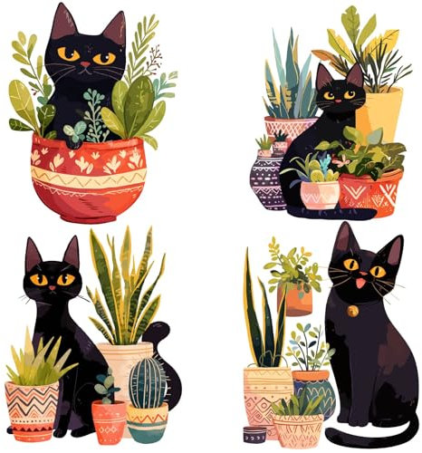 GORGECRAFT 4 Styles Spring Summer Potted Plant Black Cat Window Clings Bonsai Cactus Stickers Sliding Door Decal Decor Anti-Collision Alert Cling for Prevent Stop Birds Dogs Pets Strikes Home Decor