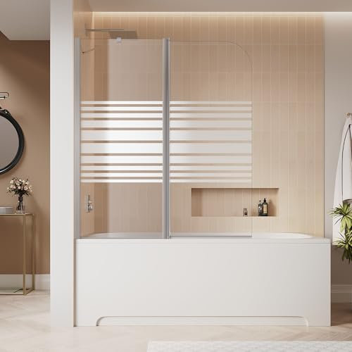 SIRHONA Paroi de baignoire 120x140cm, aluminium argenté brillant, motif rayé givré, paroi de douche rabattable et pivotante à 180°, peut être installée à gauche ou à droite, verre trempé 6mm