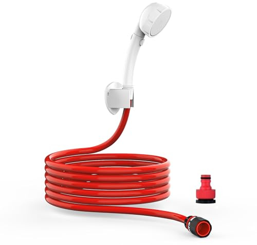 CAMPLUX Ducha de Mano de Alta Presión con 3 chorros, Interruptor ON/OFF, Manguera Roja de Extensión de 3,5 Metros, Conector de Clip, Conexión Universal G1/2'', SH12