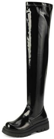 HXTYXCQ Bottes Longues en Cuir Stretch À Enfiler pour Femmes Cuissardes À Plateforme À Bout Rond Bottes Hautes À Talon Bloc Au-Dessus du Genou,Noir,39 EU