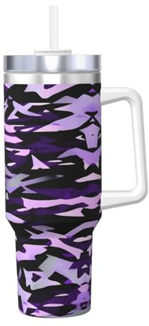 Borraccia termica a doppia parete in acciaio inox con manico e coperchio con cannuccia da 1184 ml, colore: viola mimetico americano