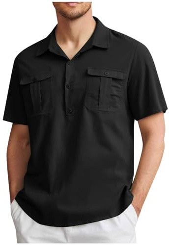 Linen Shirts for Men Adult Limited Time Deals, Mens Polos Shirts Short Sleeve Casual Plain Cotton Tshirts Summer Turndown Collar Tops Regular Fit Work Shirt with Pockets Golf Basic Tee S-5XL