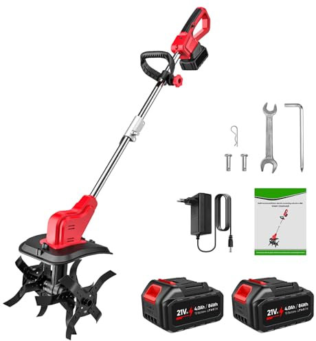 Motoazada Eléctrica de 550 W, Motocultor Batería 21V, Profundidad de 22 mm, Ancho del arado: 30 cm, 350 RPM, azada de Suelo, timón eléctrico para jardín y Patio