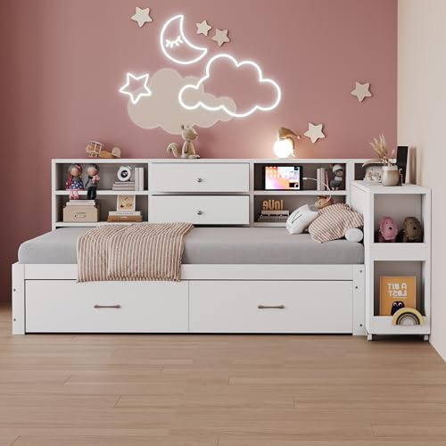 Sofá cama de madera 90 x 200 cm, multifuncional con espacio de almacenamiento, compartimentos ocultos y estantes, 2 grandes cajones, enchufe multifuncional, escritorio extraíble, cama individual, cama