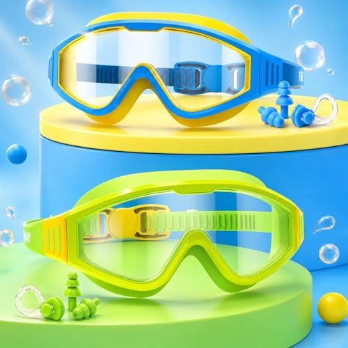 Findway simglasögon för barn, unisex, 2-pack simglasögon för barn, 4-16, anti-läckage, anti-UV 180° HD-vision, juniorsimglasögon för pojkar och flickor, vidvision- och snabbjusterad, delad okerem