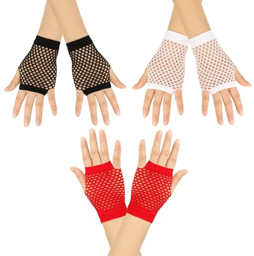 Mesh Gloves Short Fishnet Gloves for Women and Girls, 3pcs Multicolor | Fingerless Gloves, Emo Gloves, Made from Lightweight Nylon, Suitable for Halloween Theme Parties