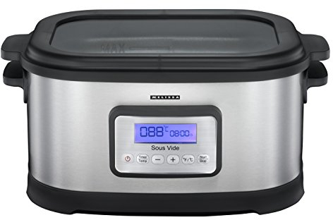 Melissa 16310170 Sous Vide Schongarer Topf, Würstchenwärmer und Vakuum für Küche Kochen bei niedrigen Temperaturen, 8,5 L, 520 Watt, Edelstahl/Schwarz,Edelstahl Gebürste