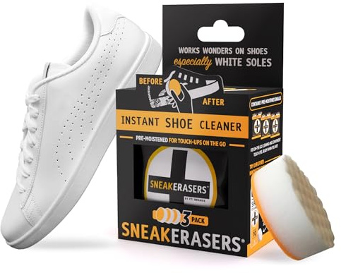SneakERASERS Instant Sneaker Cleaner Sponge, Effective Shoe Cleaning Kit for White Sneakers, Tennis Shoes - Pre-Moistened, Portable Shoe Cleaner, Perfect for Smooth Soles and Midsoles, 3 Pack