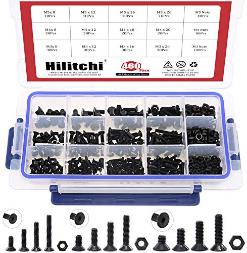 Hilitchi 460-Pcs M3 M4 M5 Hex Socket Flat Head Countersunk Bolts Screw Nut Assortment Kit - 10.9 Grade Alloy Steel