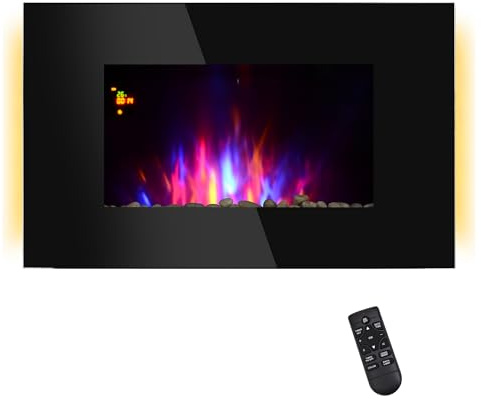 HOMCOM Camino Elettrico da Parete 1000/2000W Effetto Fiamma 7 Colori e Luci LED Laterali, Caminetto Elettrico con Temperatura Regolabile, Telecomando, Termostato, Timer, Protezione da Surriscaldamento