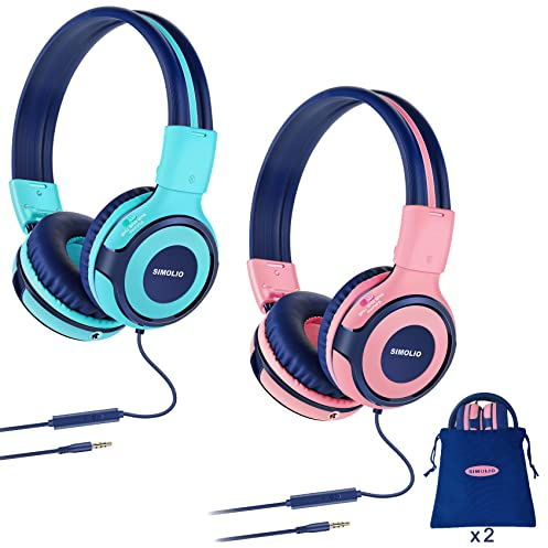 2 Sätze Kopfhörer Kinder mit Tragbar Etui, Kindersicherer Kopfhörer mit Begrenzter Lautstärke, Kabelgebundene Kopfhörer für Mädchen, Jungen, On-Ear Kinderkopfhörer für Schule, Reise Mint + Pink