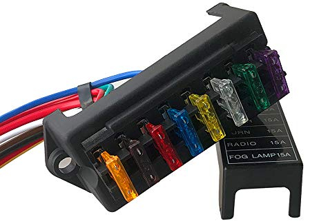 QitinDasen Premium KFZ 8-Fach Sicherungshalter, 2 Eingang 8 Ausgang Sicherungskasten, Universal Standard Blade Sicherungsblock, mit Draht und 10Pcs Standard Flachsicherung (12V/24V/32V/48V)