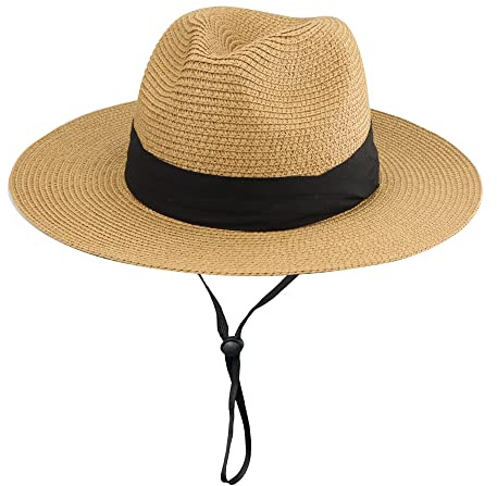 Girls Boys Floppy Straw-Fedora-Sun-Hat Summer-Beach Wide-Brim Straw Fedora Panama for Kids (5-9yrs), Khaki B, 5-9 Years