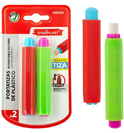 Starplast PACK 2 PORTATIZAS Incluye 2 tizas blancas, para pizarra negra, colores surtidos, manualidades, escuela y dibujo - PACK 2 PORTATIZAS