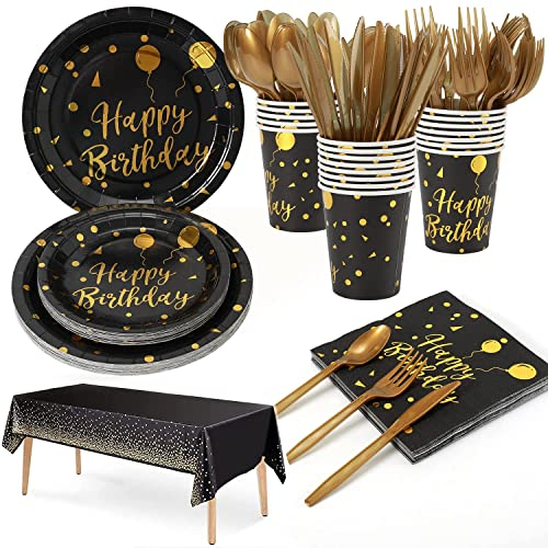 176 Pieces Happy Birthday partygeschirr Set | Kindergeburtstag Schwarzes Gold pappteller Geburtstag partygeschirr geschirrset, Tablecloth, Plates, Cups, Napkins,Aus 100% Papier (25 Gästes)