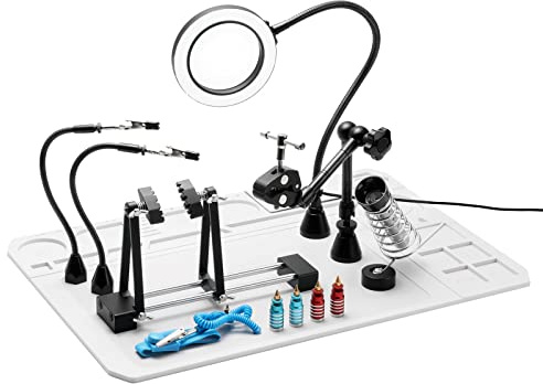 SainSmart Mani magnetiche 2 in 1, stazione di riparazione di saldatura di lusso con tappetino di saldatura in silicone, supporto per circuito stampato, lampada di ingrandimento a LED 5X, piastra di