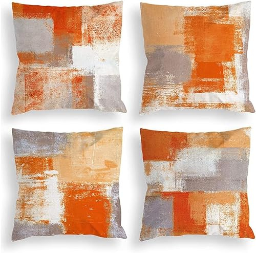 TIDWIACE 4er Set Orange-grau Kissenbezug 40x40 cm Deko, Kissenhülle Dekokissen Leinen Natur Landhausstil Dekorative Sofakissen Leinen Kissenbezüge Luxus Decor für Sofa Wohnzimmer Zierkissen