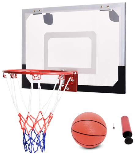 KOMFOTTEU Basketballkorb, Basketballbrett mit Korb, Basketballboard Basketball Backboard Wandmontag 45x30cm, Basketballring Φ23,5 cm, Basketball Set mit Ball Netz Luftpumpe