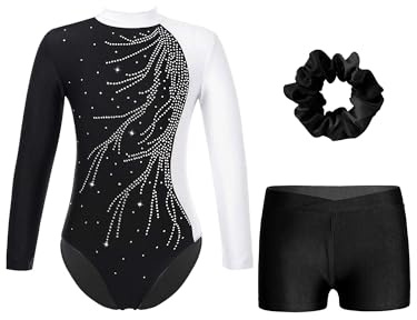 iiniim Flicka gymnastikdräkt glitter, gymnastikdräkt med shorts, hårband, trikåkostym, långärmad, gymnastik, leotard, konkurrens, danskostym, Vit och svart, 122-128