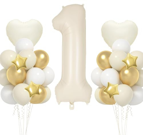 Palloncino Compleanno 1 Anni Beige, VUCDXOP 17pcs Beige Palloncini di compleanno Set di Foil Palloncino Numero 1, Numeri Gonfiabili Palloncini 1,Compleanno Gonfiabili Pallone per Anniversario