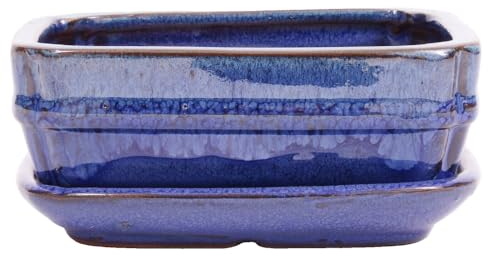 Bonsai - Schale eckig 16 x 12 x 6.7 cm, blau/grün, mit Untersetzer 23182