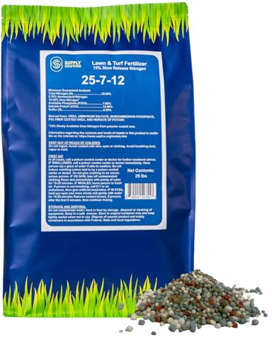 Supply Solutions 25-7-12 Lawn and Turf Fertilizer - 15% Slow Release Nitrogen Lawn Fertilizer for All Grass Types, Shrubs - Turf Builder Plant Food Covers 6,250 sq.ft (25lbs)