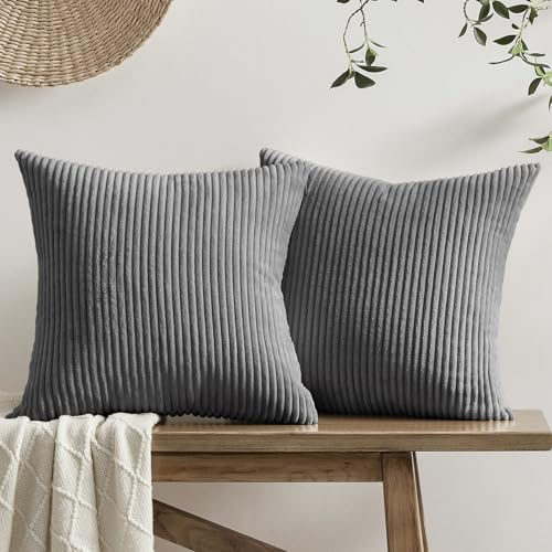 Softalker Kissenbezug 40x40 Dunkelgrau Cord weich und flauschig 2er Set mit Streifenmuster Kissenhüllen Sofakissenbezüge Cushion Covers Modern Deko für Sofa Bett Wohnzimmmer Schlafzimmer Winter Herbst