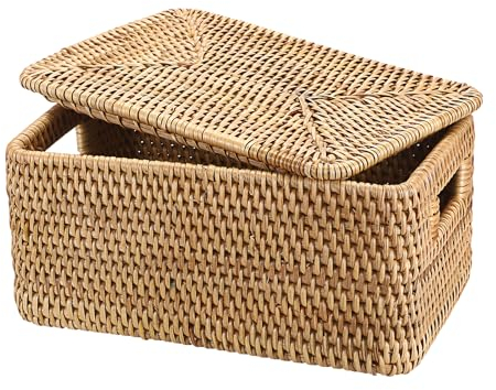 IGNPION Cesta de mimbre de ratán con tapa, contenedor de almacenamiento multiusos decorativo para estantes, baño, cocina, sala de estar, oficina
