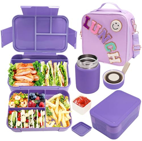 Preppy Lunch Box for Girls with 10oz Thermo, with 6 Compartment Bento Box, Purple Nylon Insulated Lunch Bag Adjustable Strap for Girl Kids Teens School Travel Picnic